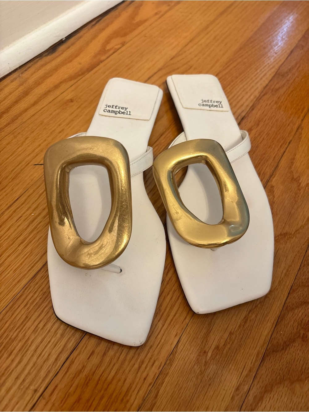 Jeffrey Campbell White Slide Sandals with Gold
